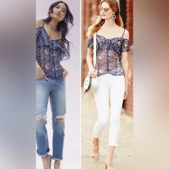 PAIGE Tops - Paige   Blue Silk Cold-Shoulder Top Size M